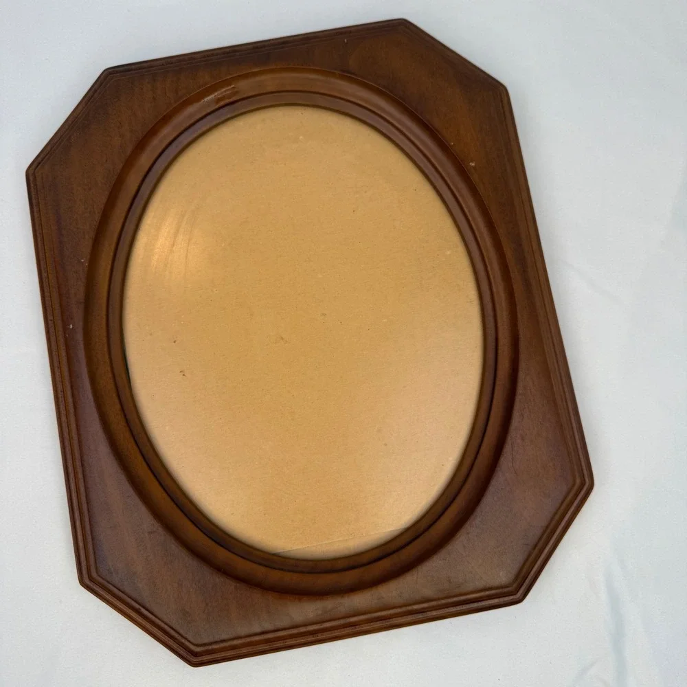 Vintage Octagon Wood Picture Frame Oval Opening Brown Wall Decor 9.5x12.5